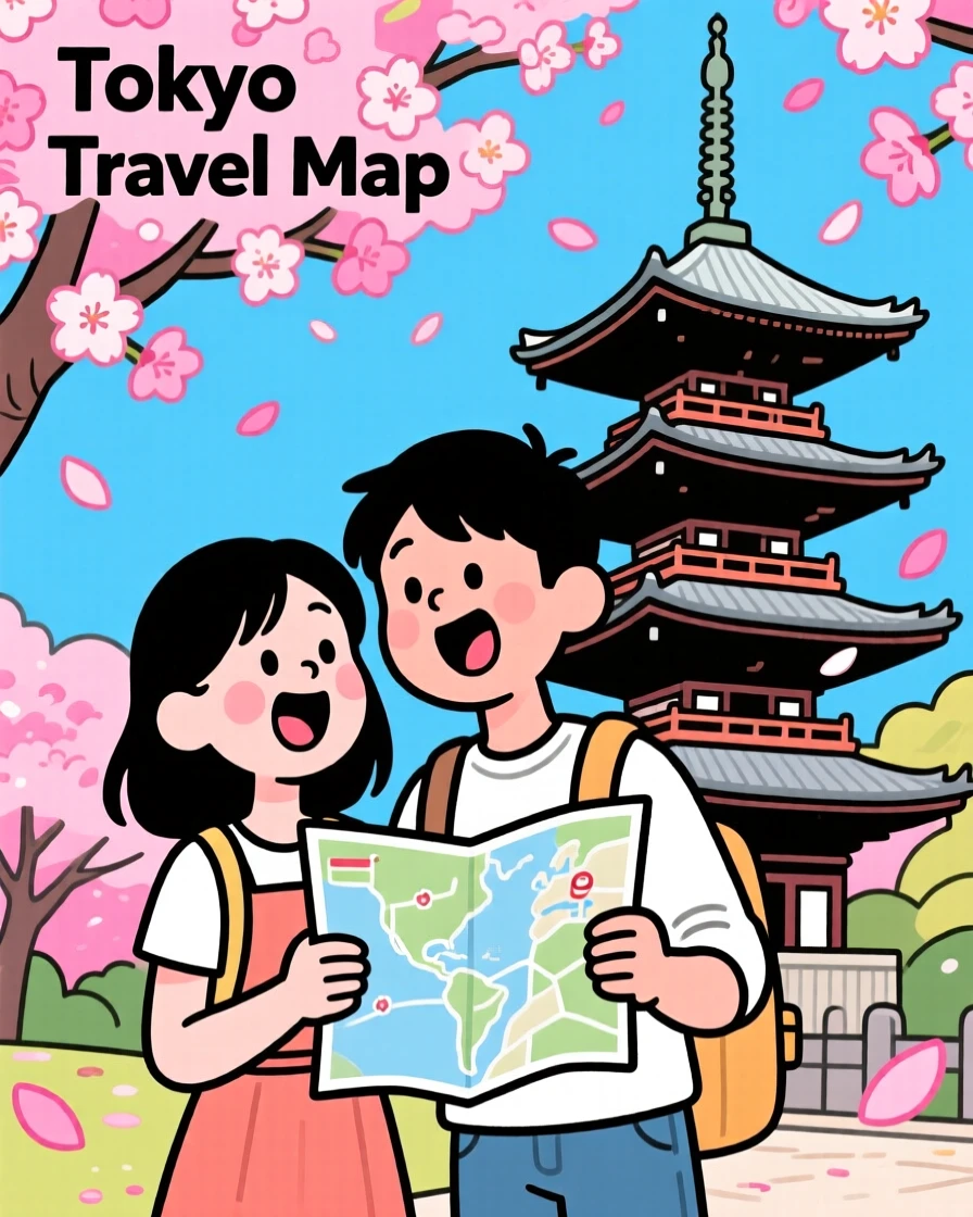 An iconic travel scene featuring a young couple admiring cherry blossoms near a Japanese pagoda, with a map slightly askew in hand.
