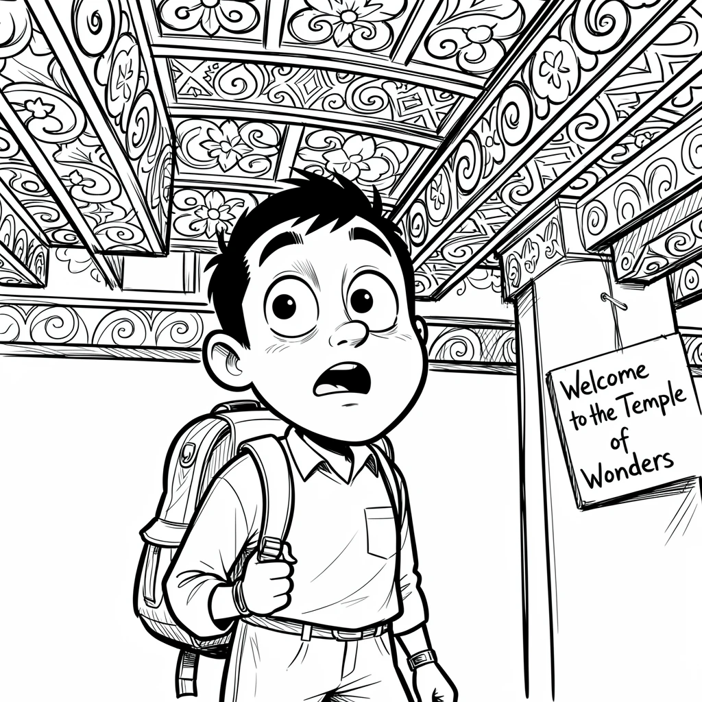 [Travel & Cultural Experiences] Vivid travel scene of a curious traveler admiring an ornate temple ceiling, full of wonder and adventure