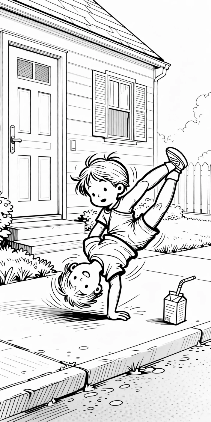 A kid mid-cartwheel that goes slightly sideways, landing in a heap with legs comically tangled, set on a sidewalk in front of the house. A juice box straw bends at an awkward angle nearby. It feels like a cherished memory frozen in time.