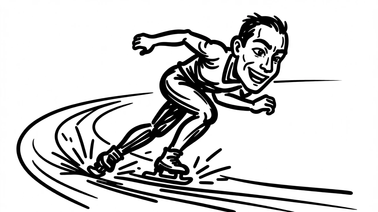 A speed skater leaning hard into a turn, blades striking sparks off the ice.