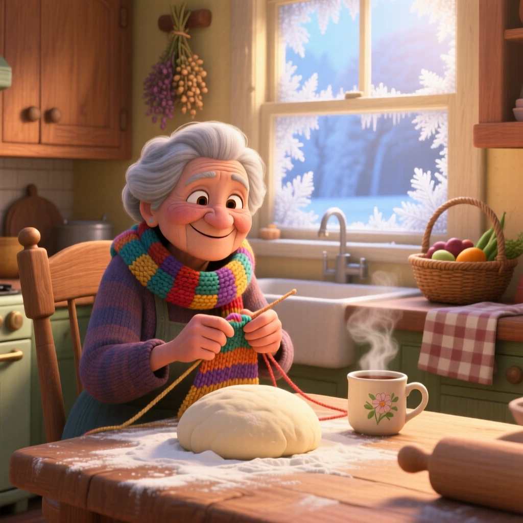 A grandmother knitting quietly sits beside a window streaked with morning frost, kneading dough on a floured counter. The mood is snug, tender, and softly domestic, with steam rising from a nearby mug.