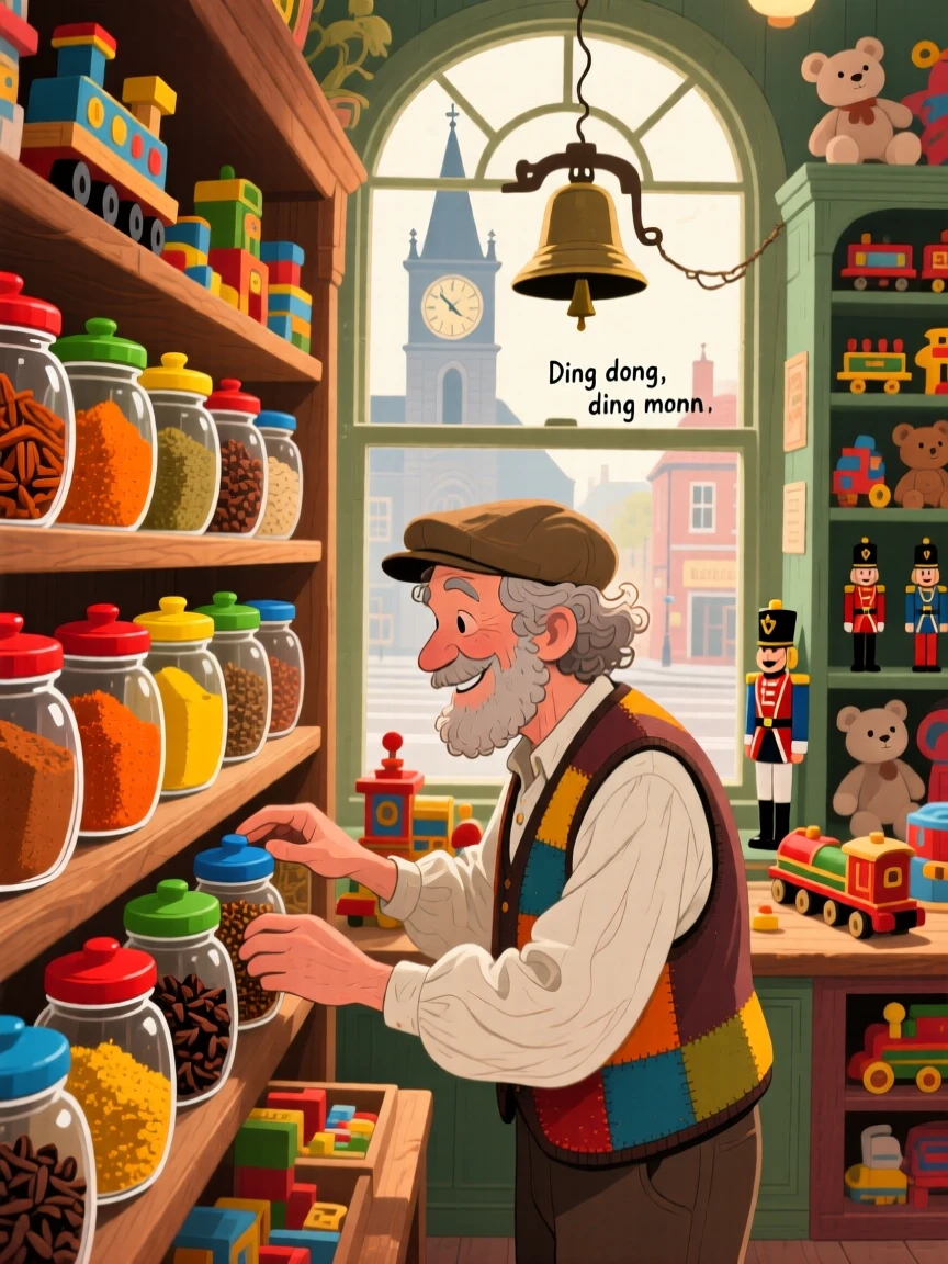 In an old-fashioned toy shop, a street musician is busy organizing a shelf of colorful spice jars, as the church bell rings in the distance.