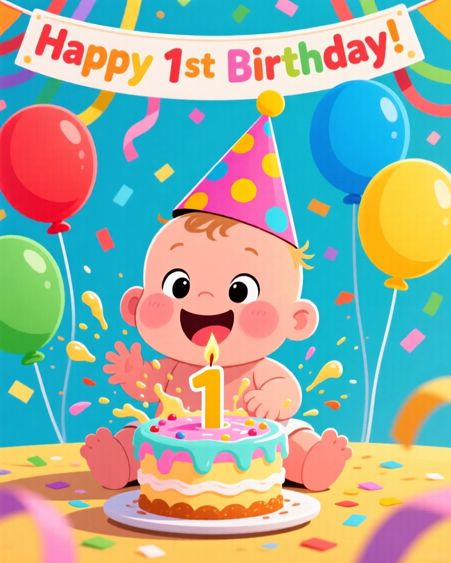 A baby's first birthday with a small smash cake and party hats.