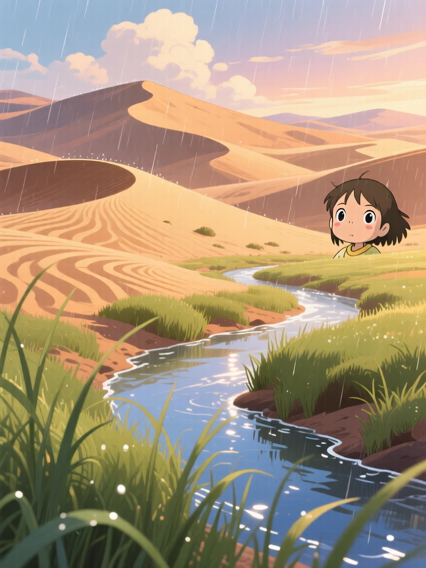 A breathtaking view of a desert dune field with rippled sand, with a narrow stream catching the light as it winds through, just after a rain shower, seen through a gentle foreground of grass.