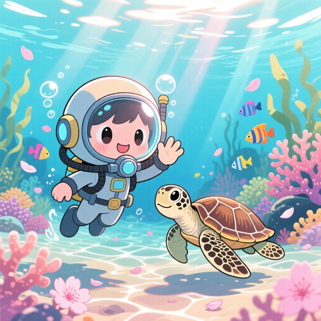 A small diver waving at a friendly sea turtle, framed as a full-body shot within a sunlit tropical seabed, as cherry blossom petals drift on the breeze, glowing under neon-lit glow, evoking peaceful calm.