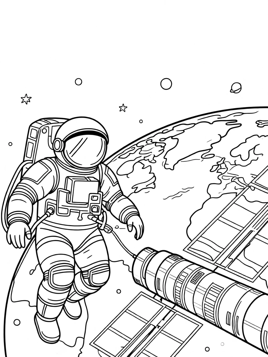 An astronaut floating outside a space station with Earth in view, with the curve of a planet visible on the horizon.