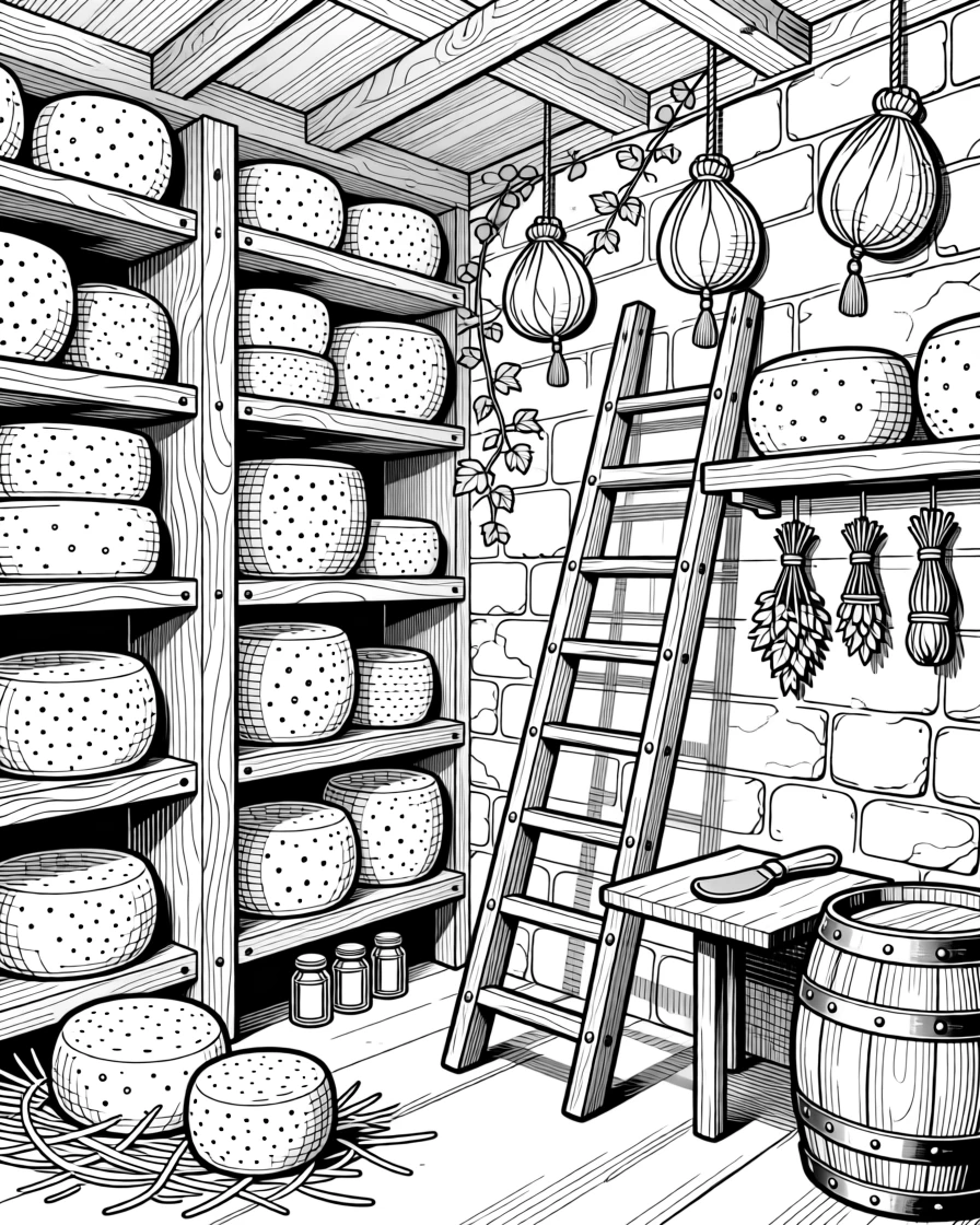 A rustic cheese-aging cellar scene lined with wheels on wooden shelves.