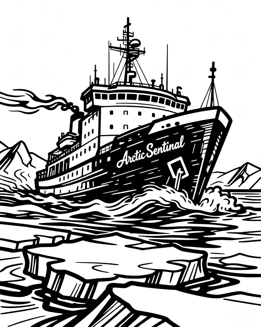 A rugged icebreaker ship cutting through thick Arctic pack ice.