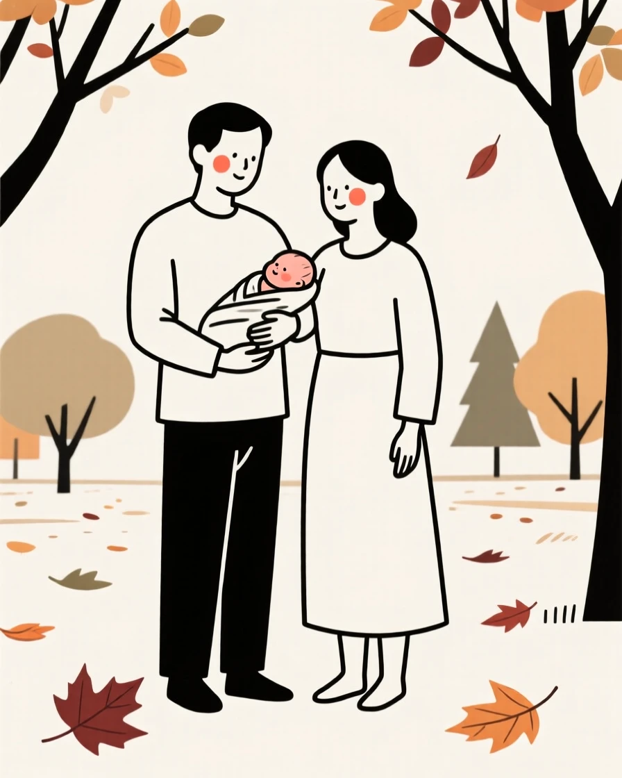 A newborn with parents of Filipino heritage, radiating quiet confidence, in an autumn orchard.