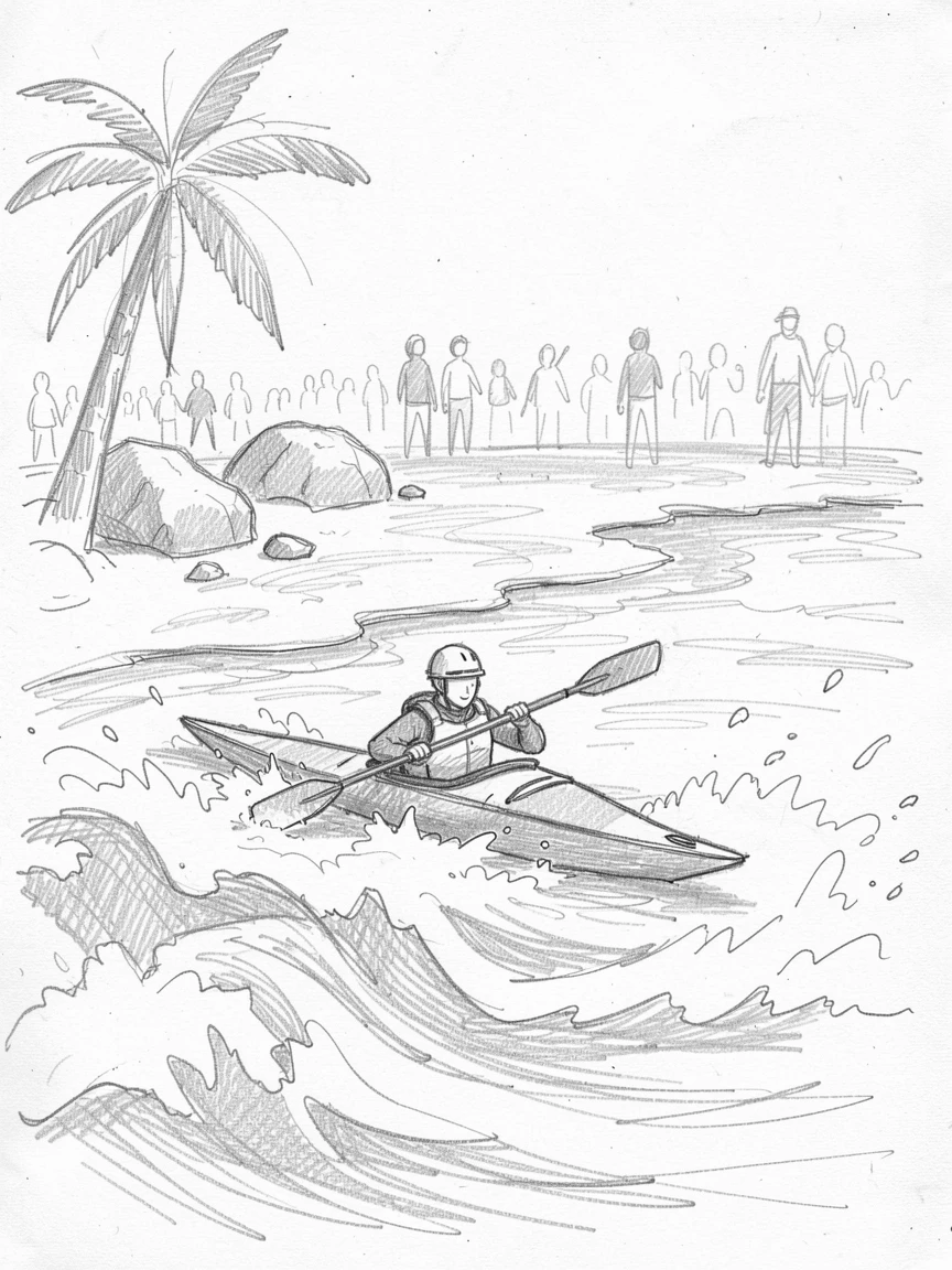 A kayaker paddling through churning rapids, on a sun-drenched tropical beach, with the crowd blurred in the background.