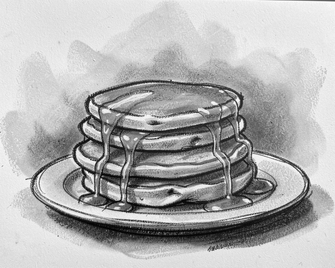 A stack of golden pancakes drizzled with syrup, with a gentle mist rolling through the background.