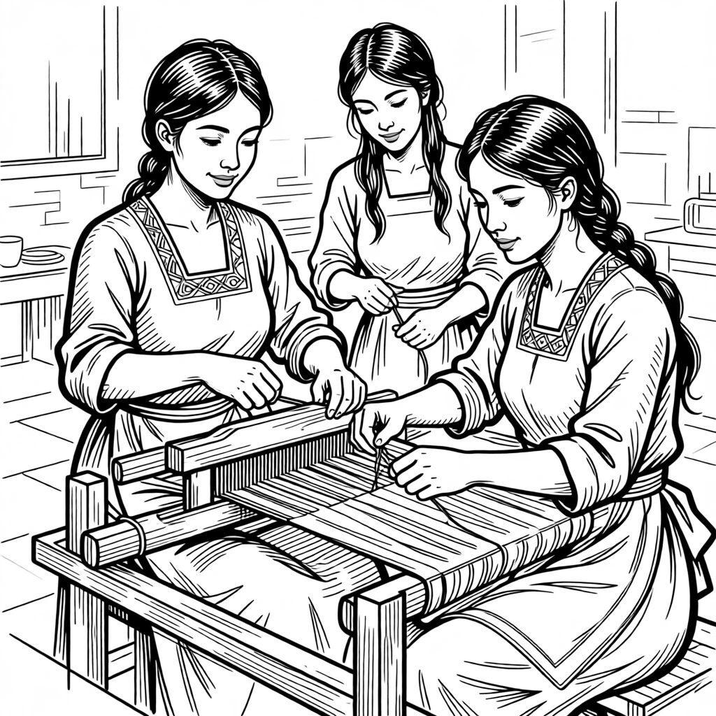 A group of women weaving traditional textiles on wooden looms.