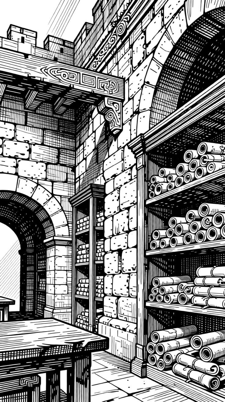 An ancient library filled with scrolls within the walls of a centuries-old fortress, with the rich texture of aged stone and wood, portrayed in a solemn and dignified historical scene.