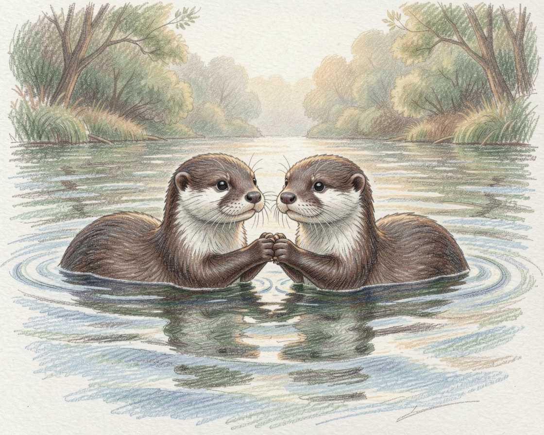 A pair of otters holding hands while floating on a calm river, set against a softly lit, atmospheric backdrop, full of charm, emotion, and visual delight.
