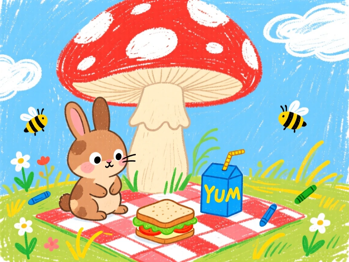 A shy rabbit having a picnic beneath a giant mushroom.