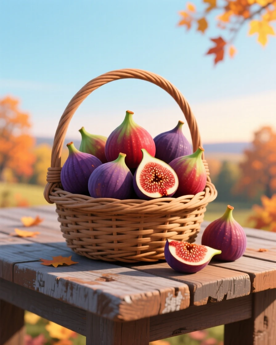 A basket of ripe autumn figs arranged on a rustic wooden table, set against a crisp, clear seasonal sky, framed with soft atmospheric depth fitting the season, with a fresh, crisp atmosphere throughout.