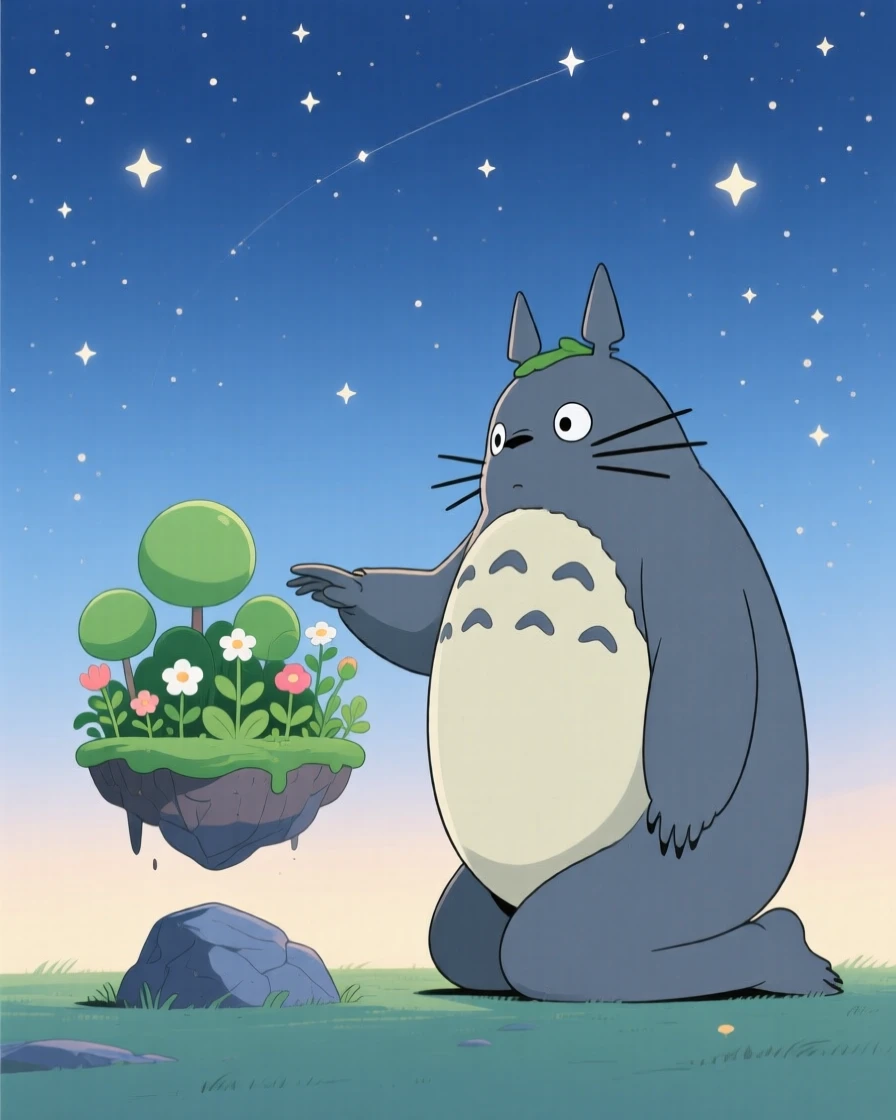 A gentle giant watching the stars near a floating garden.
