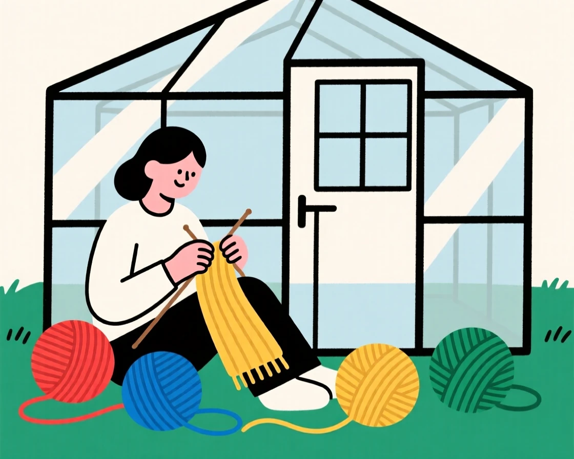 A person knitting a scarf in a garden greenhouse, surrounded by balls of colorful yarn, showing creative flow.