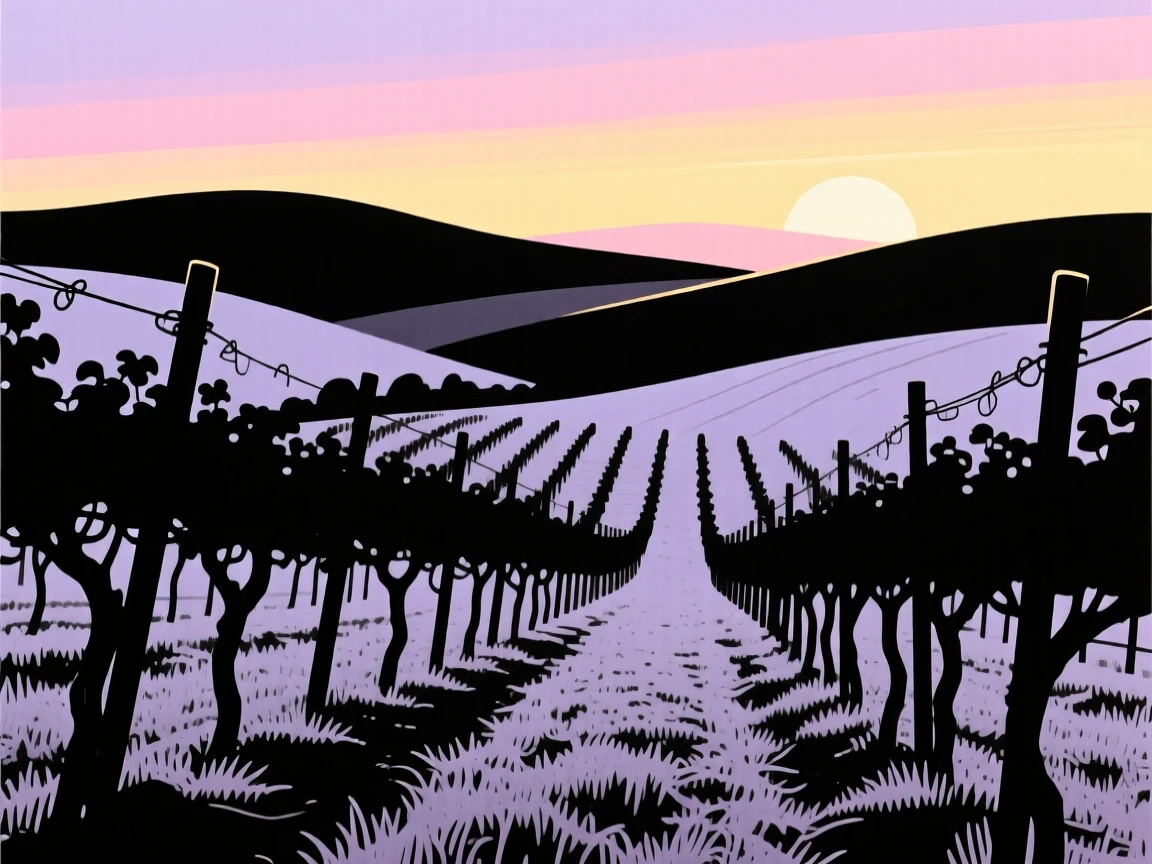 A quiet vineyard covered in a light dusting of early morning frost.