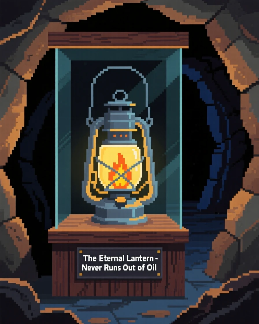 A lantern that never runs out of oil found deep within an abandoned mine, in a museum display at midnight.