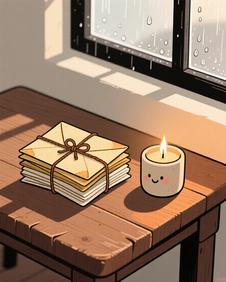 A wooden table holds a simple arrangement of a stack of old letters and a candle, lit softly by late afternoon light beside a rain-speckled pane.
