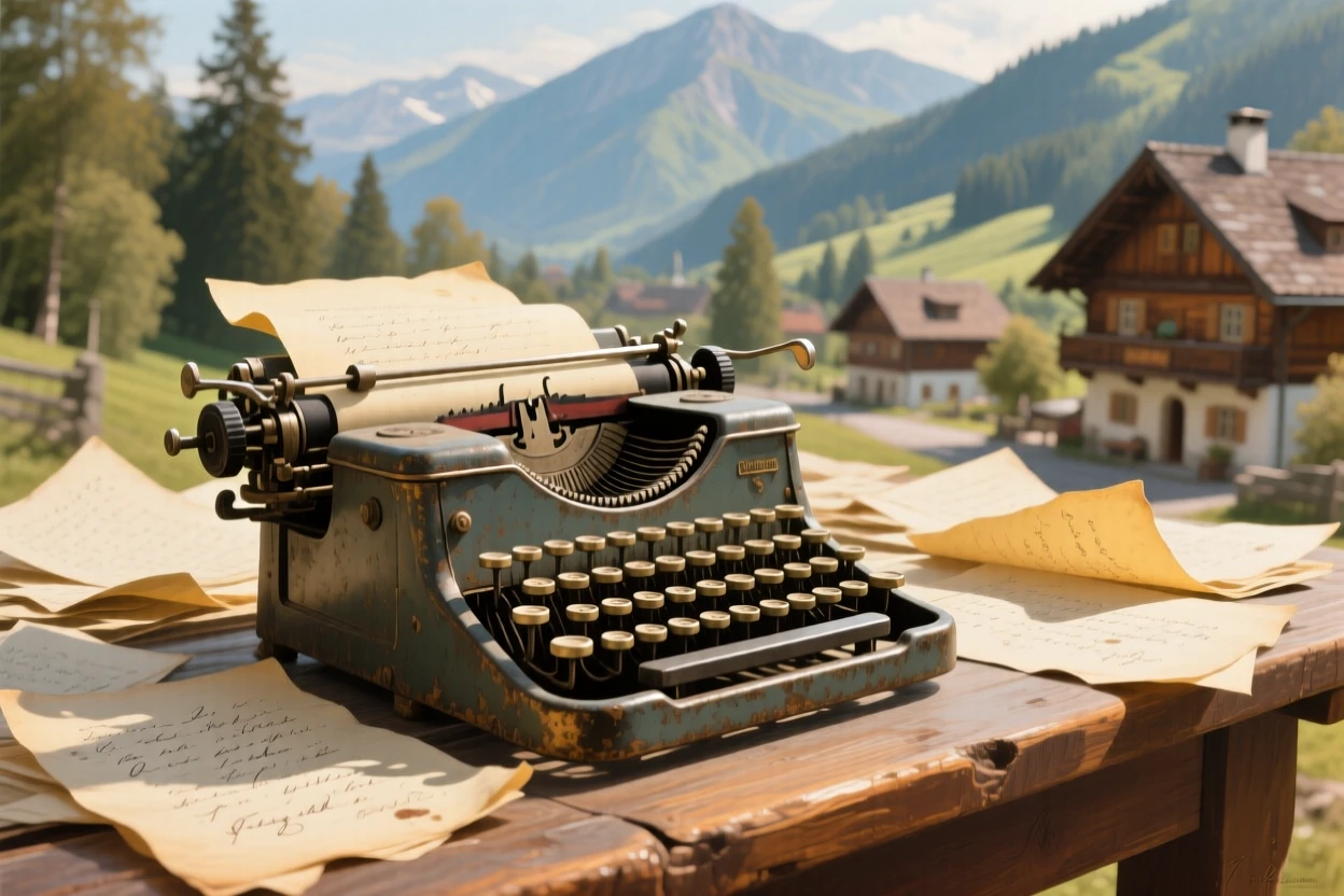 A detailed close shot of an antique typewriter surrounded by scattered handwritten pages, in a Bavarian mountain town, at midday.