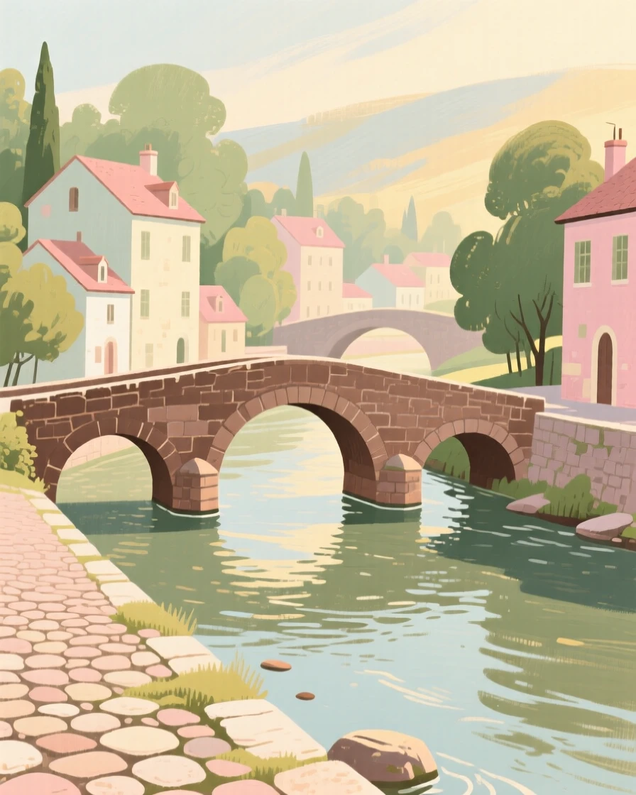 A riverside town with arched stone bridges connecting cobbled banks
