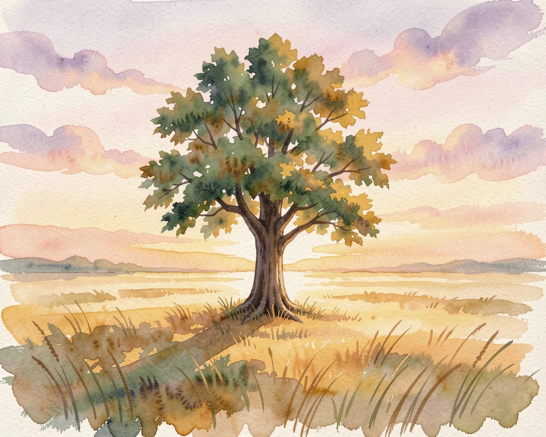 A single tree standing alone in a golden field at sunset.