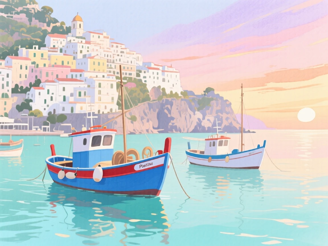 Fishing boats bob in a turquoise harbor beneath the whitewashed cliffside village of Positano at sunrise