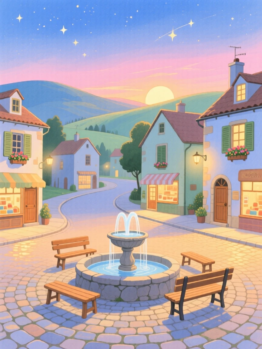 A charming village square with cobblestone streets, glowing softly as evening falls.