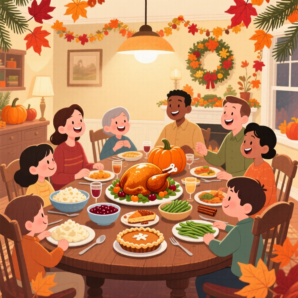 A table set for Thanksgiving dinner with family gathered around, in a warmly lit dining room decorated with autumn leaves, with the scent of cinnamon and pine in the air, evoking gratitude and warmth of the harvest season.