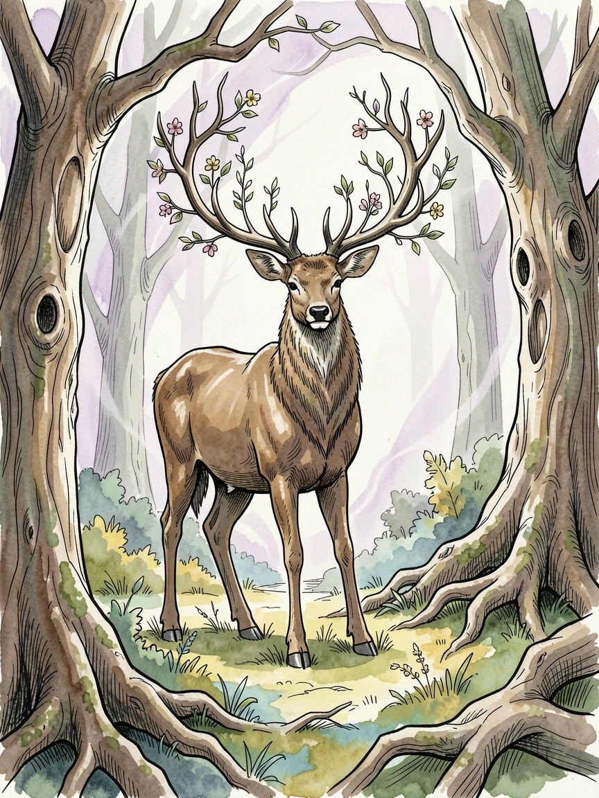 A great stag with antlers made of living branches standing in an enchanted grove, swirling light and mist adding a dreamlike quality.