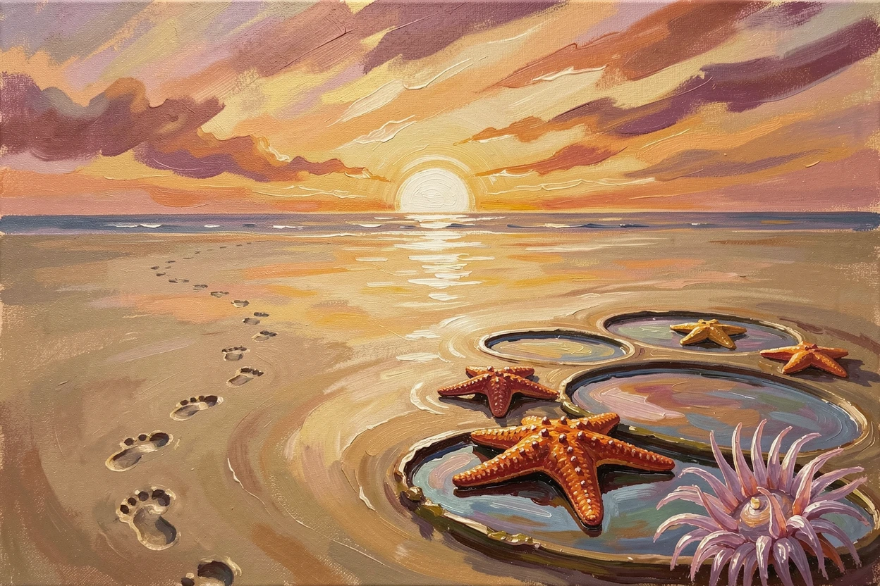 A wide, empty sandy beach, children's footprints trailing across the wet sand, beside a cluster of tide pools full of starfish and anemones, at sunset, the sun sinking into the horizon in a blaze of gold.