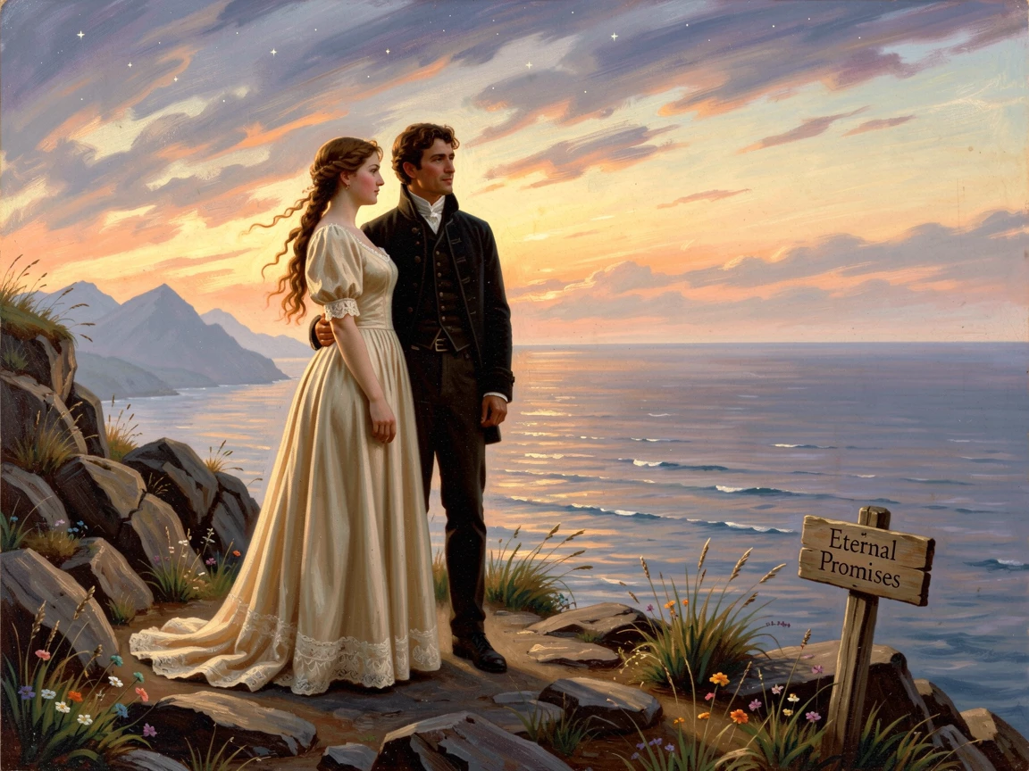 A young woman and her suitor wait together at a quiet clifftop overlooking the sea as the last light of day fades.