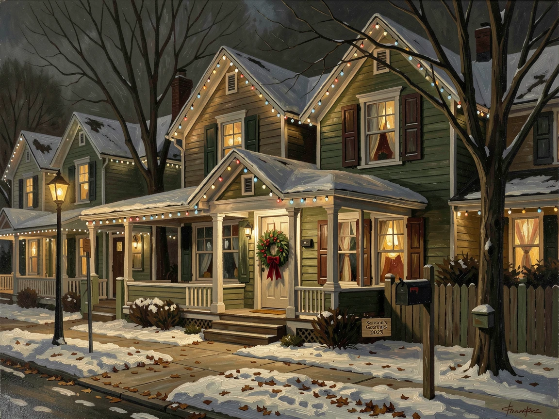 A twinkling holiday light display covering an entire suburban neighborhood, with authentic seasonal textures like snow, leaves, or blossoms, evoking cherished holiday memories and nostalgic feeling