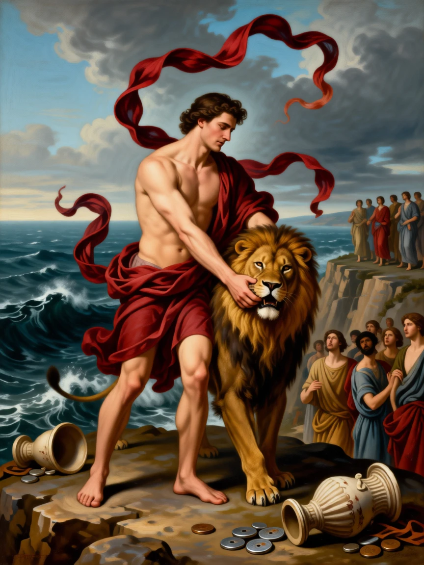 Hercules wrestling the Nemean lion with bare hands just as the crowd falls silent in awe, set atop a cliff overlooking a stormy sea, amid overturned urns, scattered coins, and trailing silken banners; sweeping drapery and gesture guide the eye across the whole scene, charged with heroic resolve and quiet foreboding.