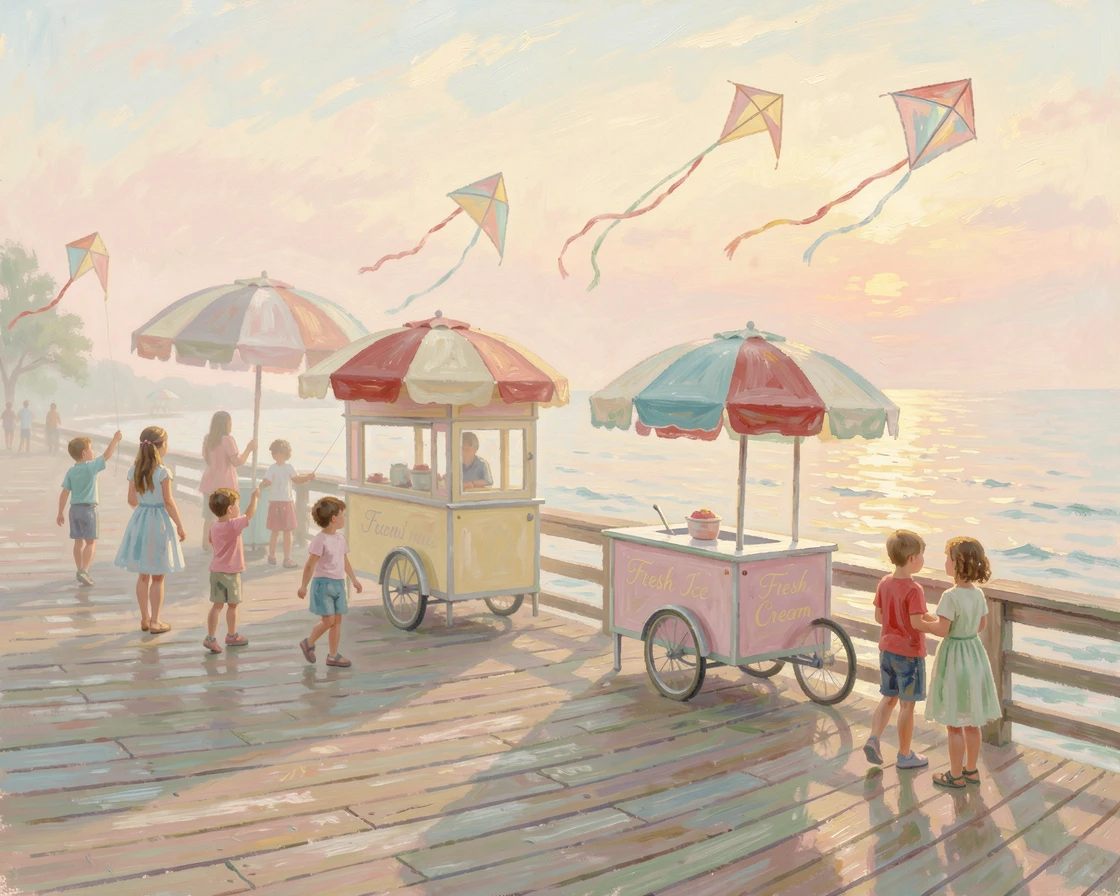 A vintage seaside boardwalk with striped umbrellas, ice cream carts, and children flying kites, as the first light of dawn breaks.