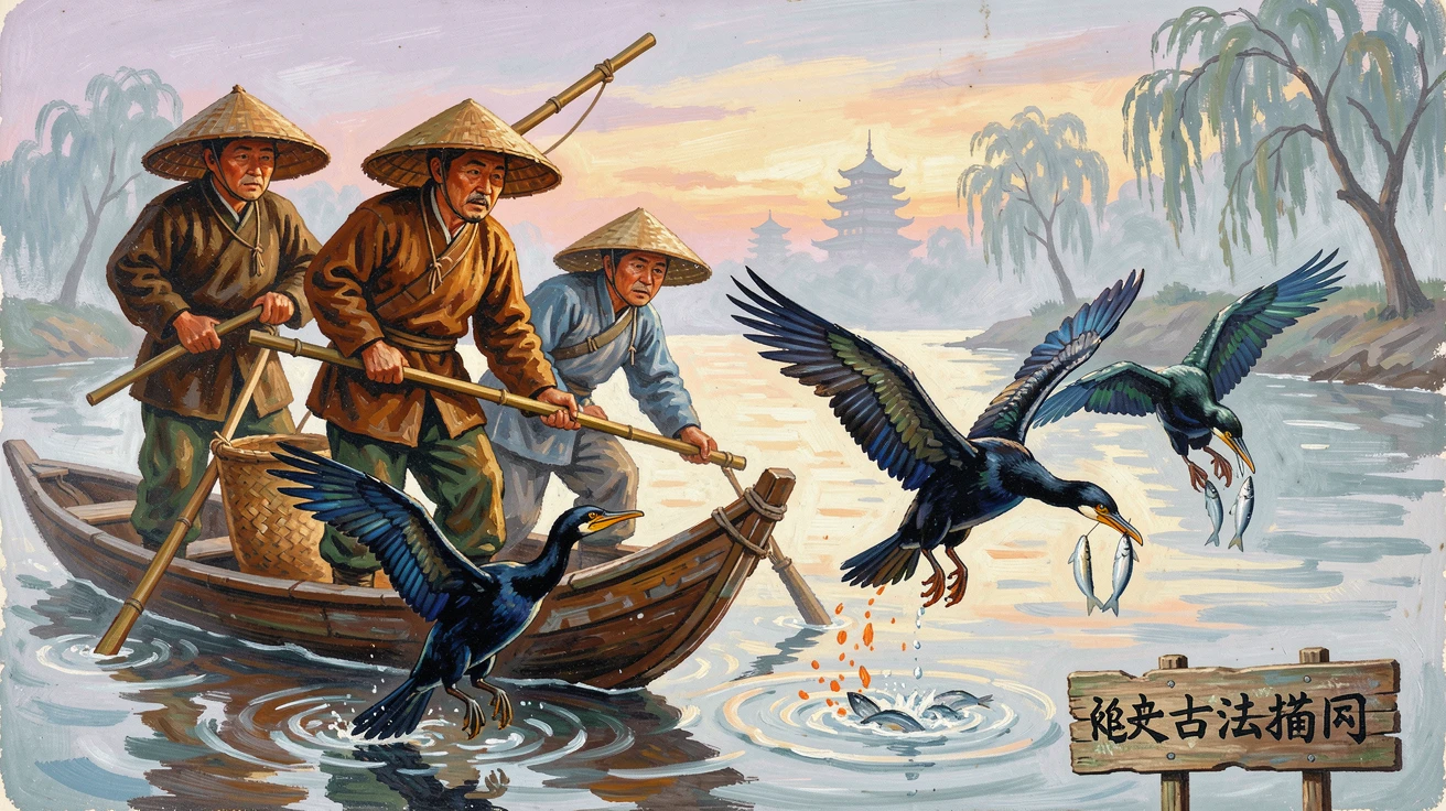 Fishermen using trained cormorants to catch fish on a misty river in China.