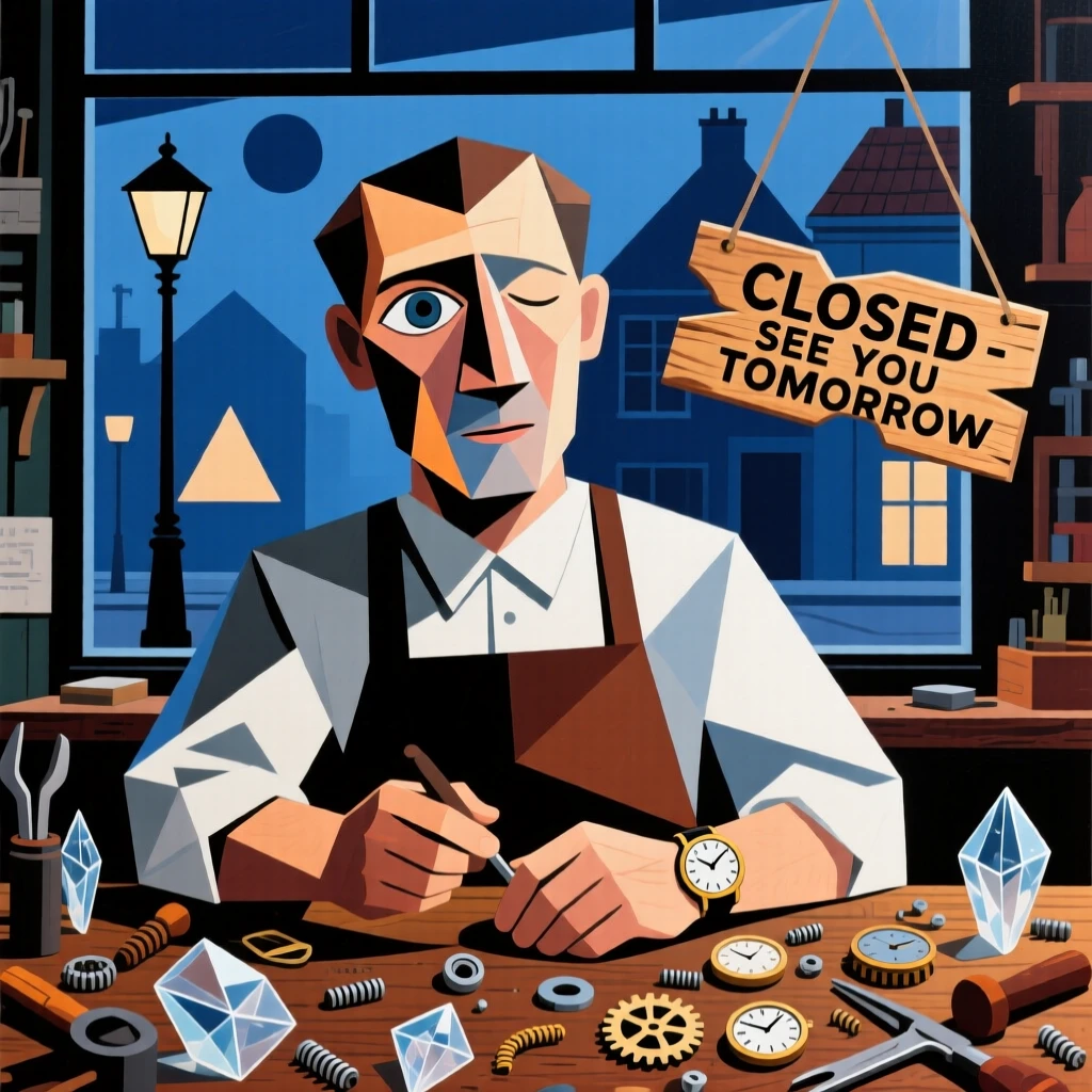 A medium shot portrait of a watchmaker on a quiet evening after closing up shop, focused and content in the craft.