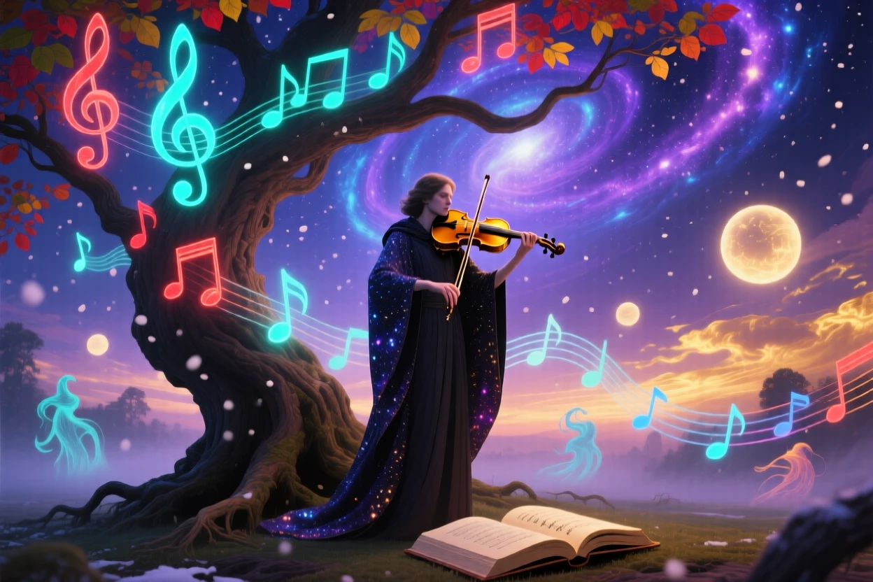 A violinist playing beneath a tree that grows musical notes as leaves stands quietly beneath a wide and endless sky, while soft light gathers warmly around their figure.