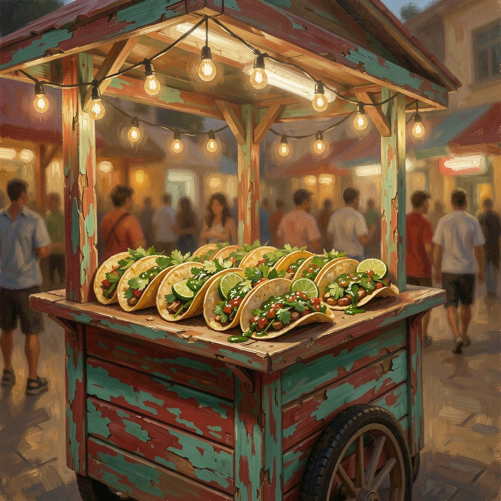 A rustic Mexican taco stand displays colorful tacos topped with fresh cilantro and lime, salsa verde glistening under string lights, the composition inviting the viewer to imagine the aroma and flavor of the moment.