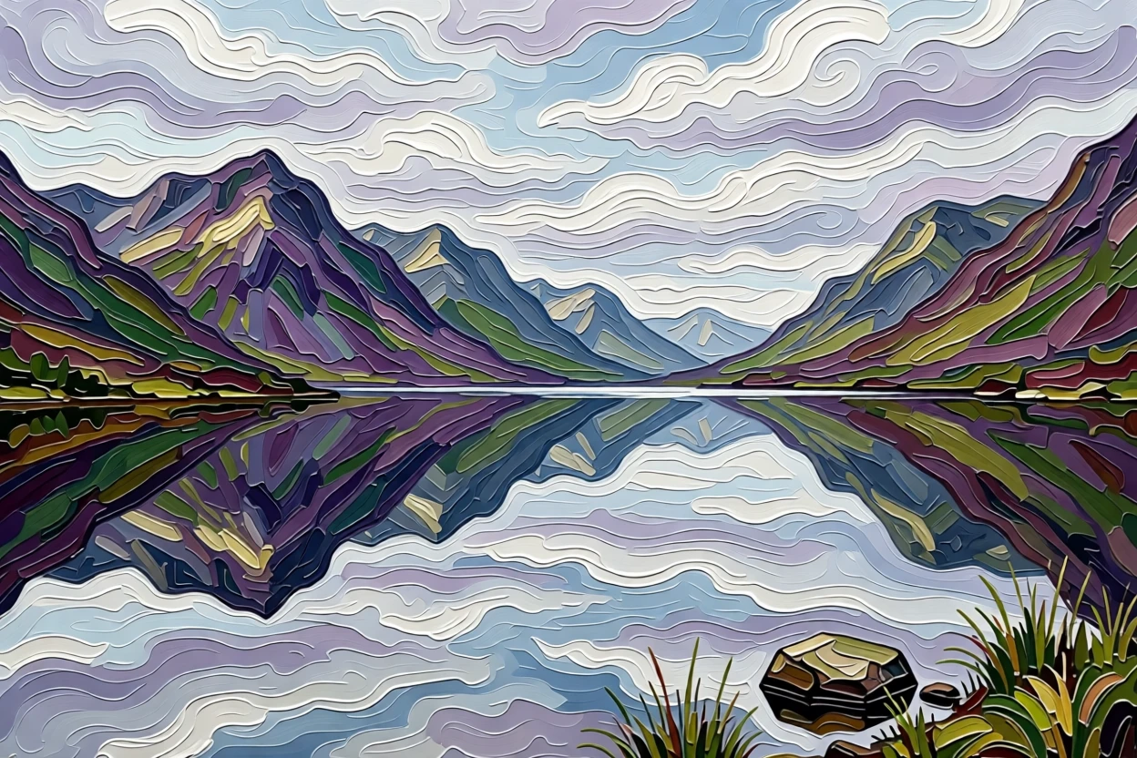 A remote Scottish loch perfectly still beneath layered mountains and drifting cloud