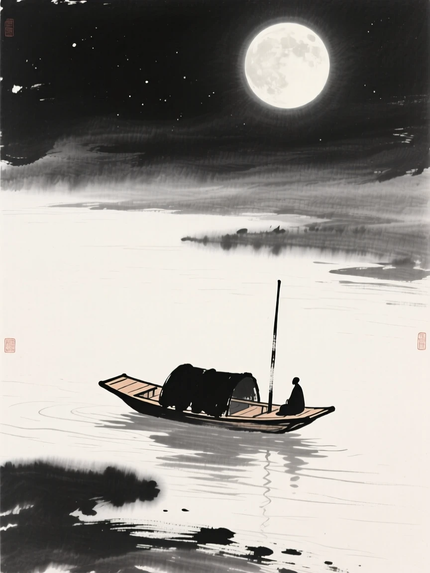 A small boat drifts silently across a river under a bright full moon, as mist rises gently from the cooling water.