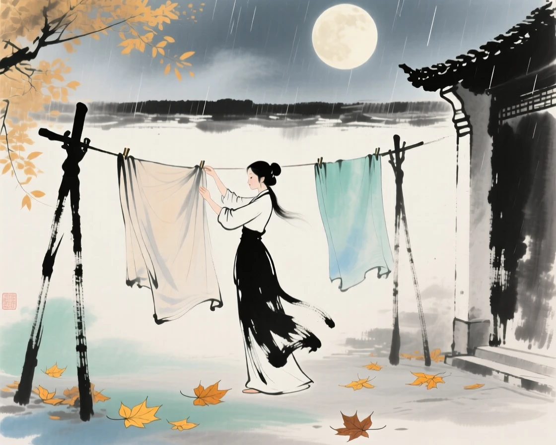 A woman hanging silk to dry in a sunlit courtyard, as autumn leaves turn golden, under a full moon, in a gentle drizzle.