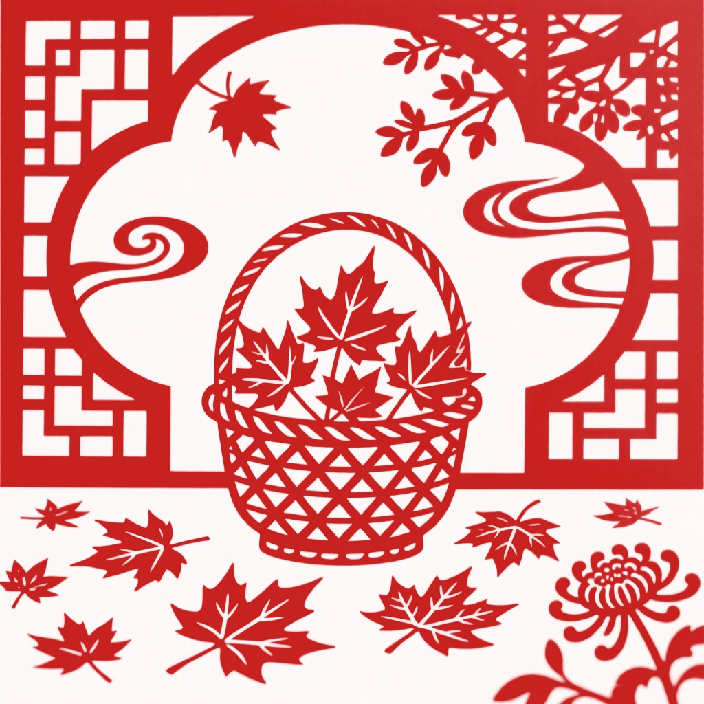 An autumn courtyard carpeted with fallen maple leaves, a woven basket collecting the brightest ones