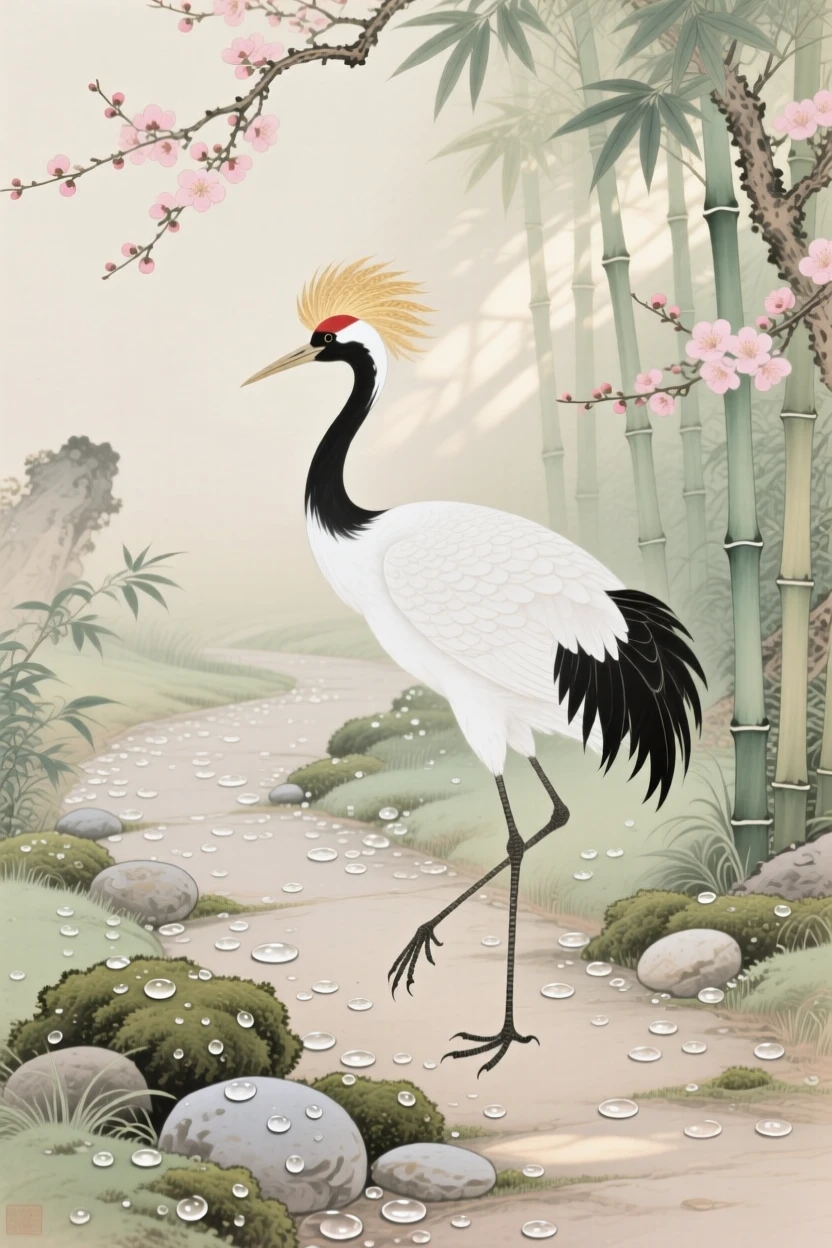 A crested crane hopping along a dew-covered garden path, soft morning light filtering through the branches