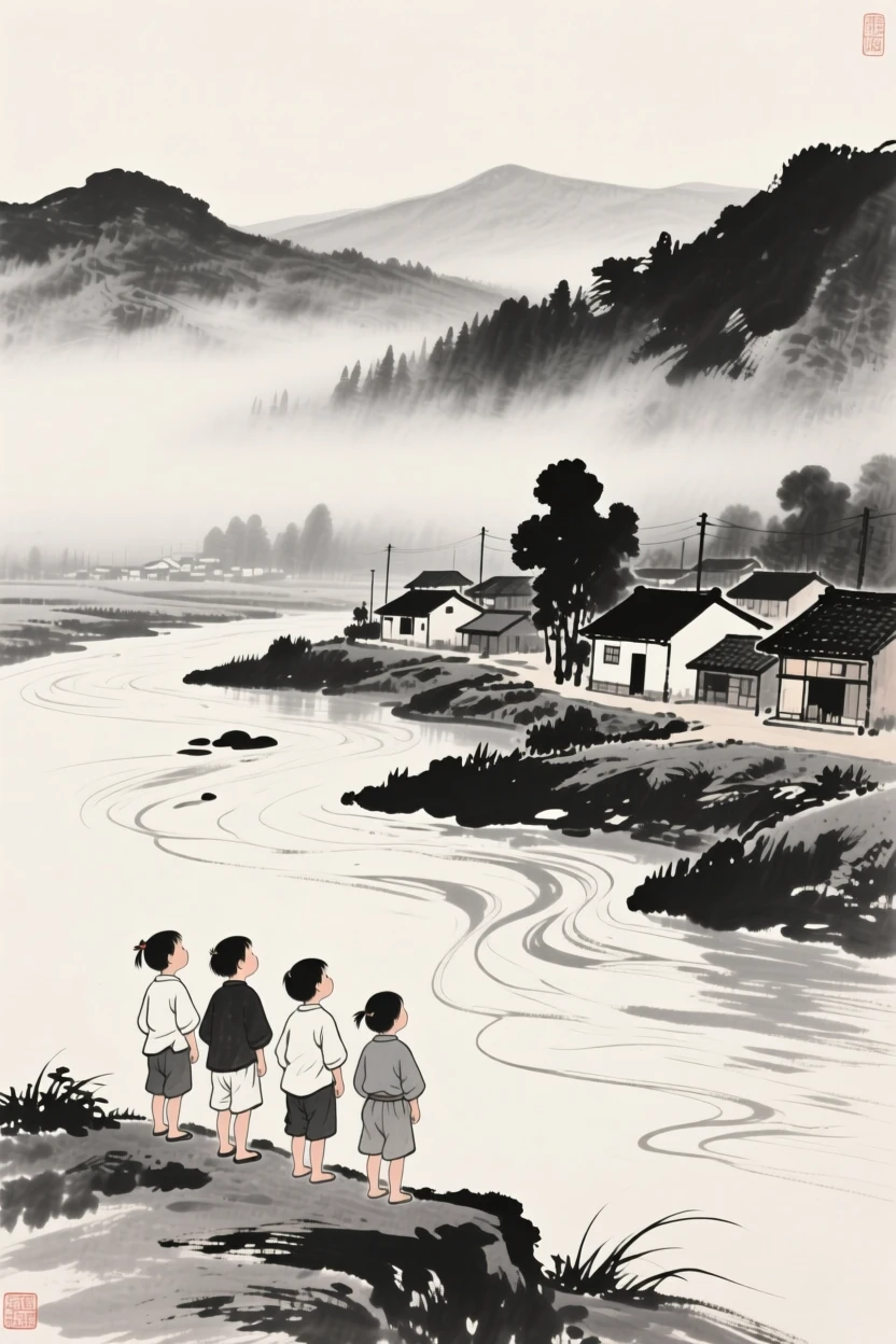 A group of village children gazing out over a misty valley in a small riverside village, framed small within a vast, quiet landscape, conveying quiet devotion and simple contentment.