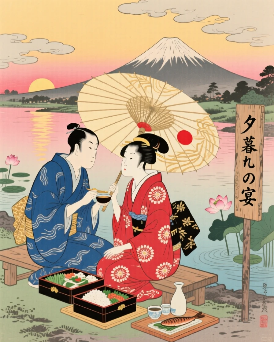 A couple sharing an umbrella sharing a meal together at sunset.