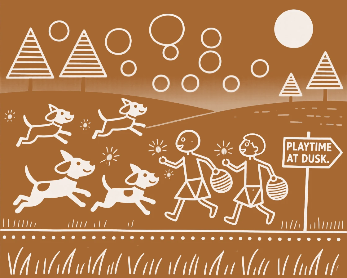 A group of playful puppies chasing children catching fireflies at dusk.