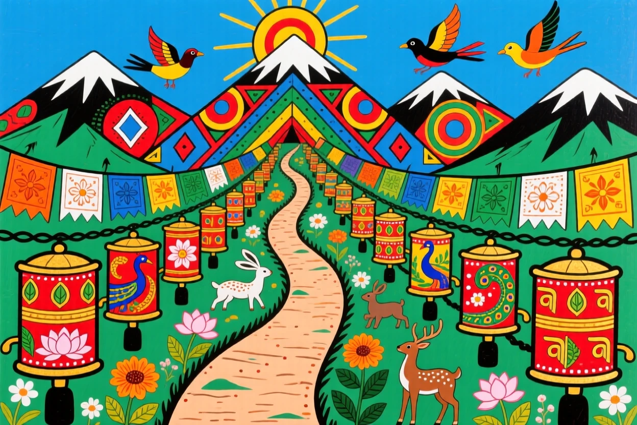 A mountain pilgrimage trail lined with prayer wheels and fluttering flags.